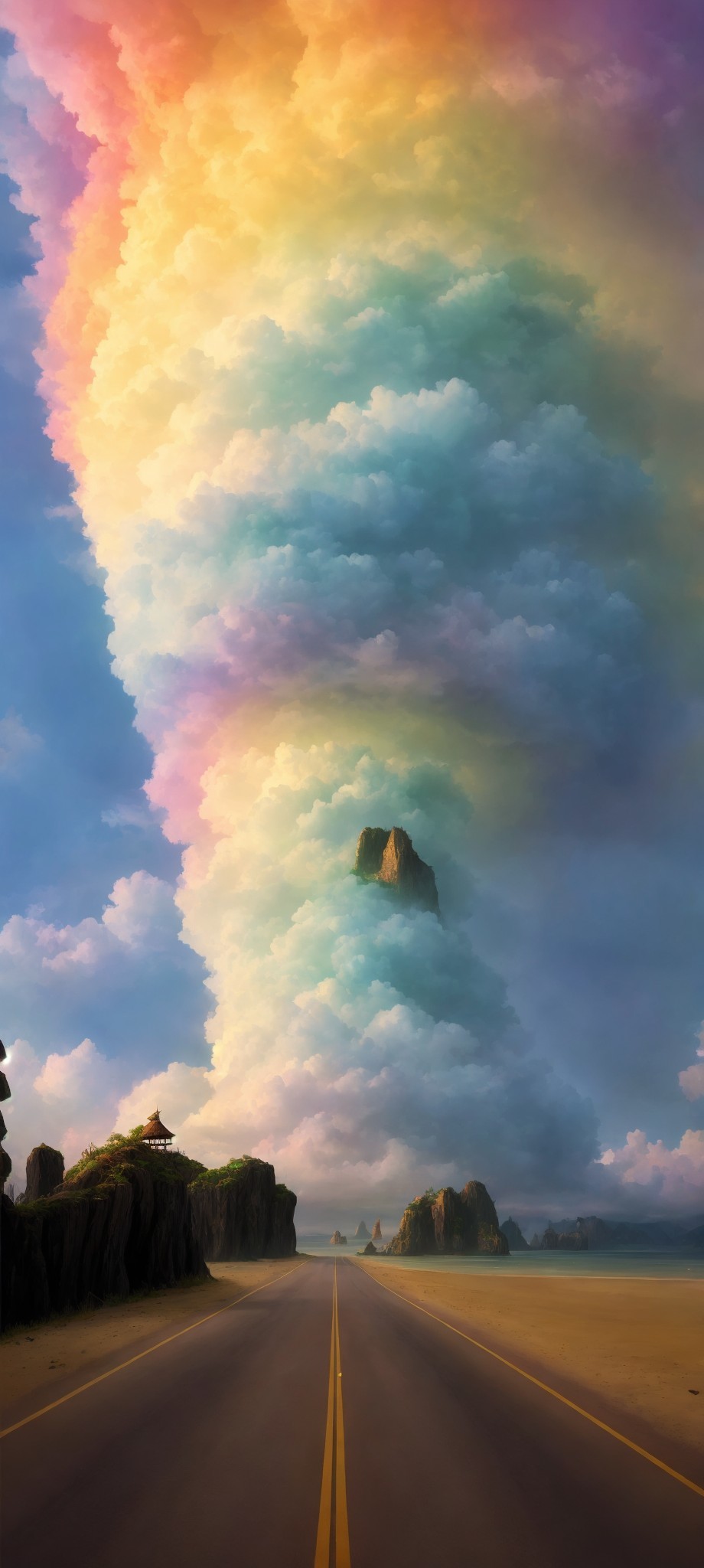 Scenic road towards towering rock formation under multicolored sky