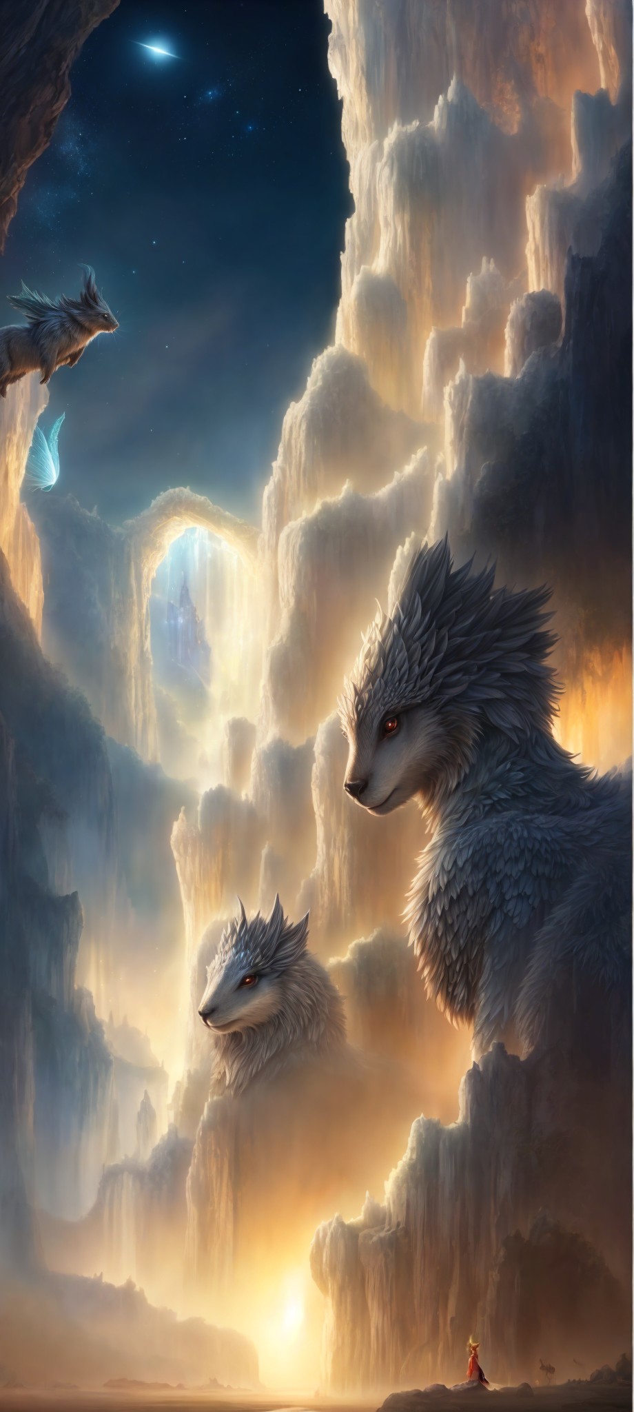 Mystical cavern landscape with giant wolf-like creatures under starry sky