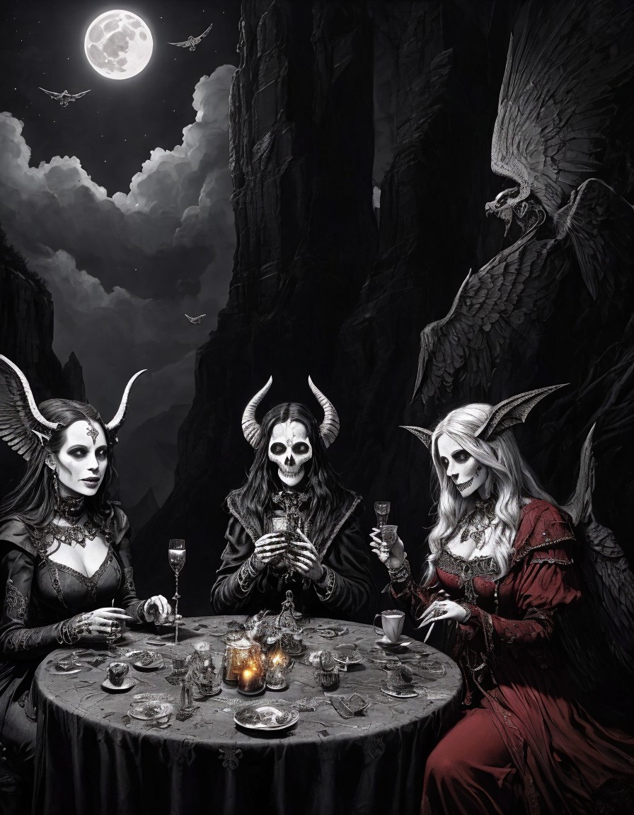 Monochrome Fantasy Scene with Characters Toasting