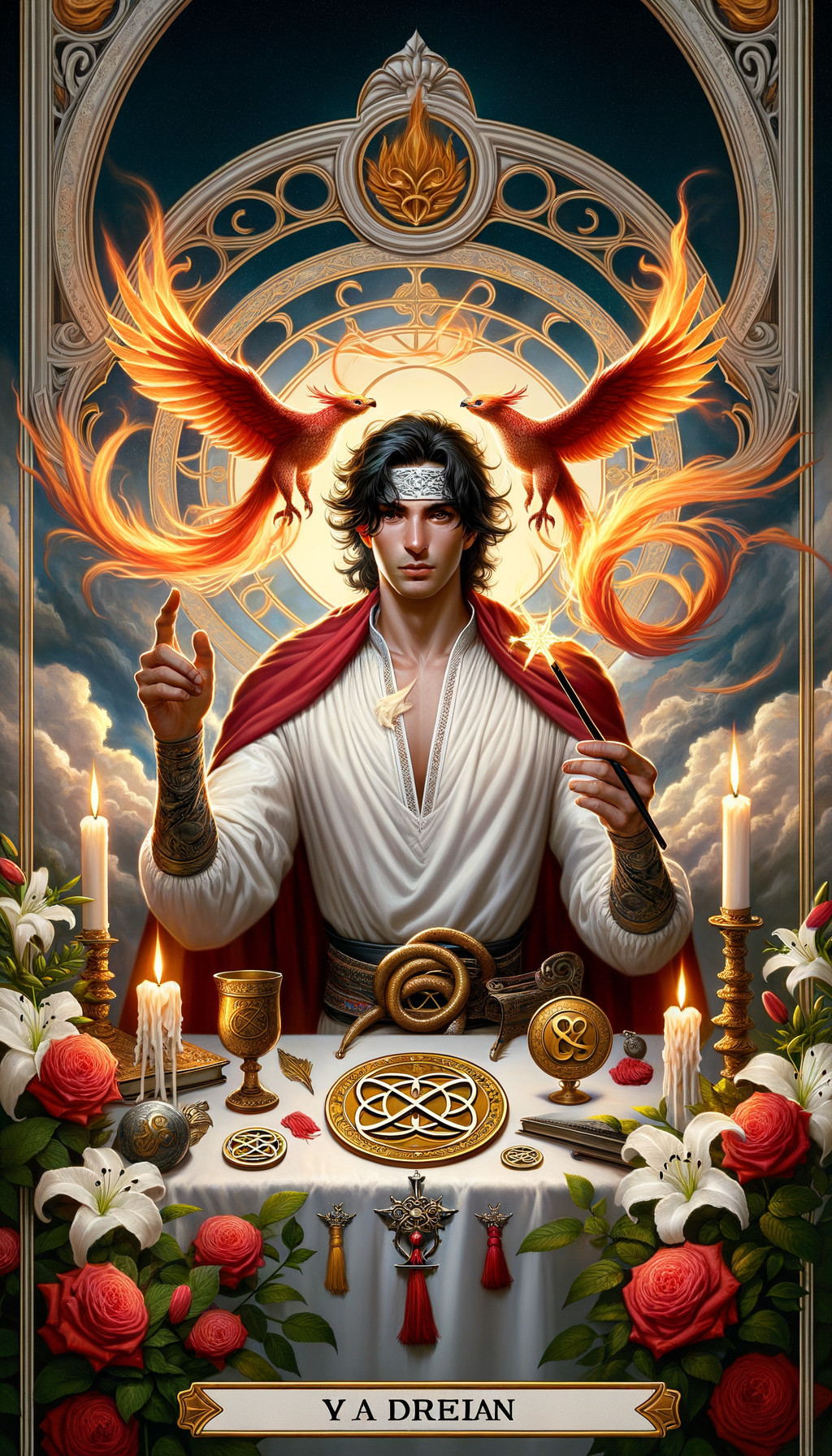 Fantasy character illustration with dark hair, candles, roses, and mystical symbols in golden frame