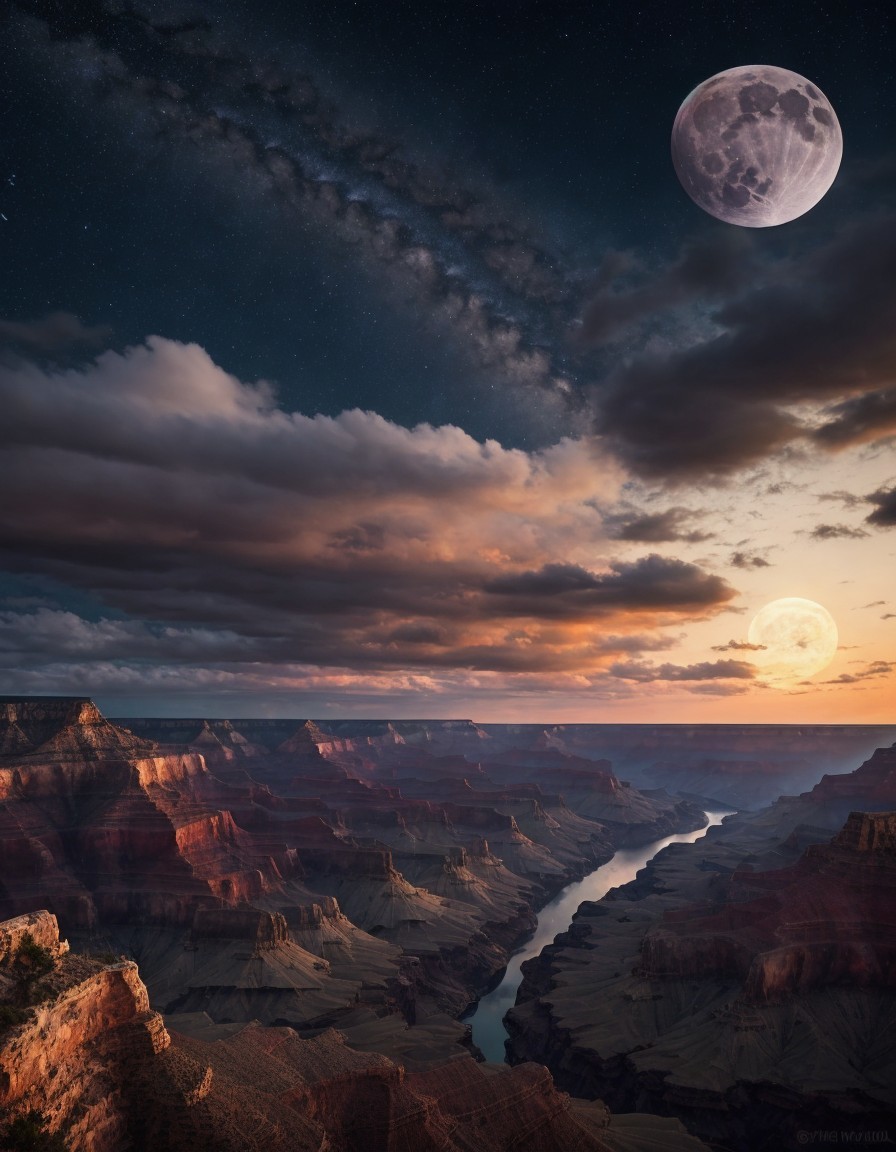 Grand Canyon Twilight View with Moonlit Rock Formations