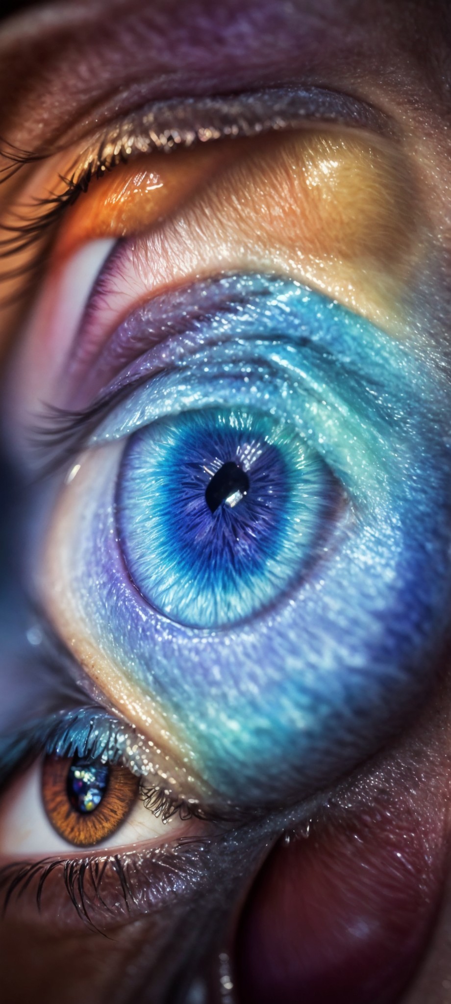 Detailed Close-Up of Vibrant Blue Eye with Colorful Eyeshadow
