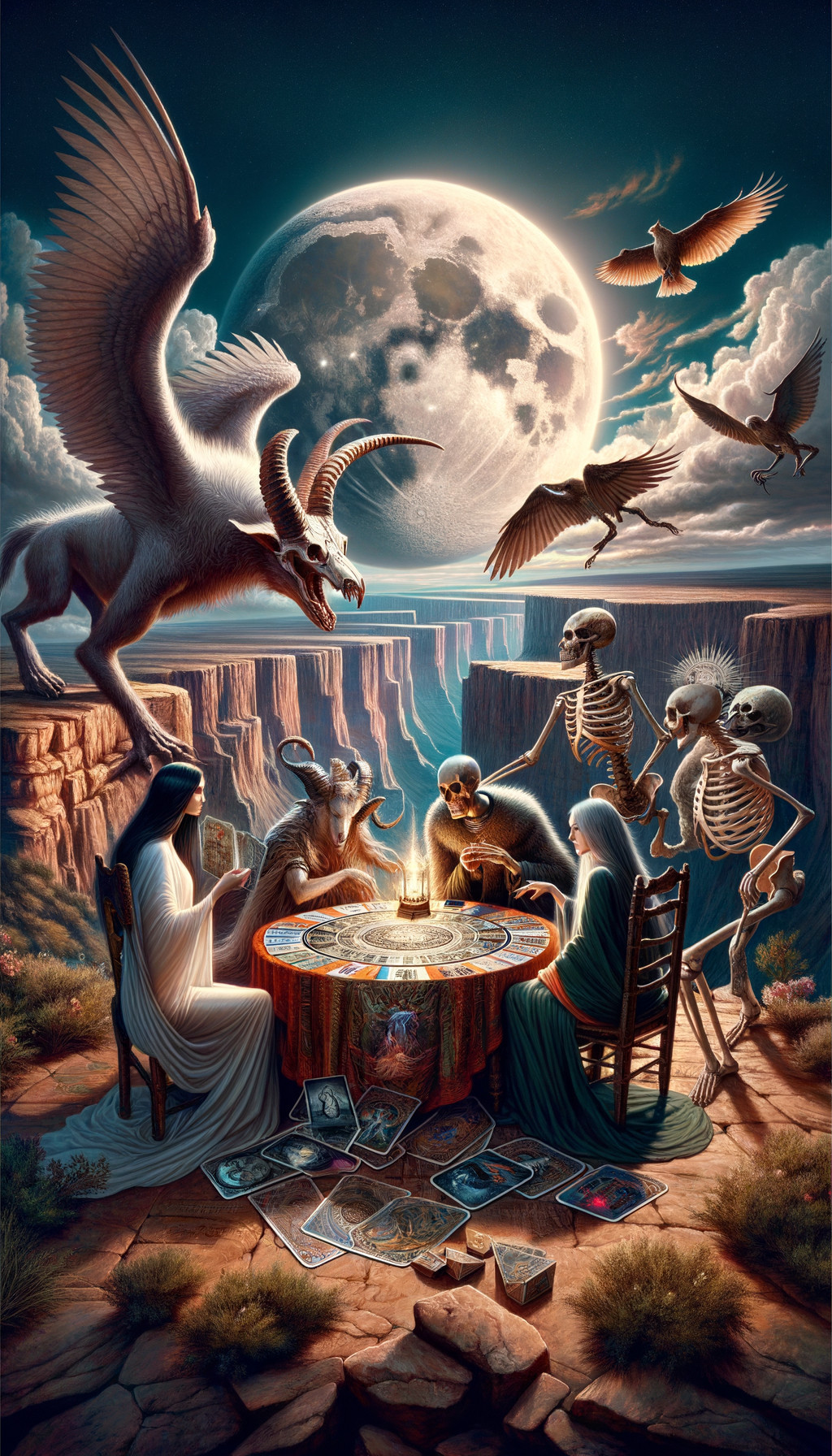 Mythical Creatures Playing Board Game Under Moonlight