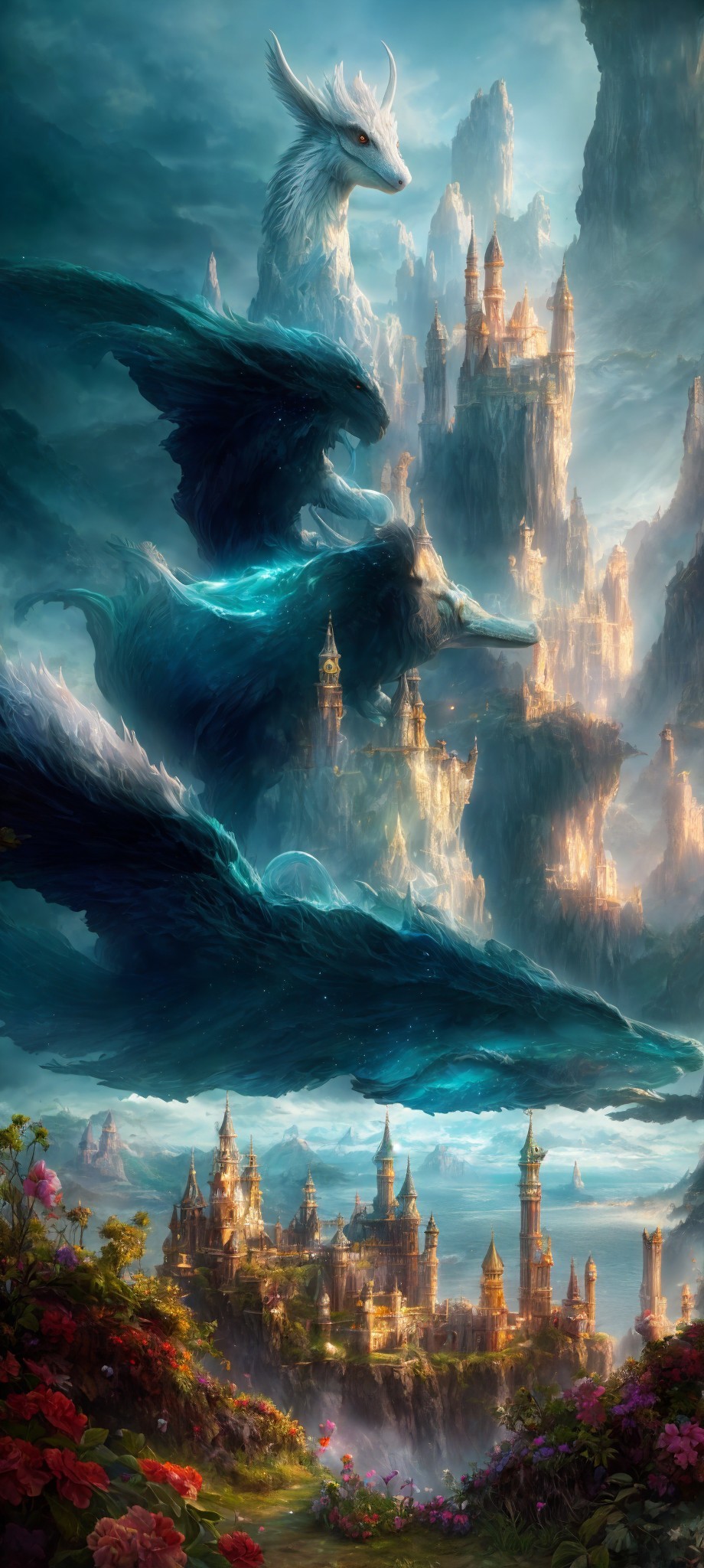 White dragon perched on stormy ocean waves near cliffside fantasy kingdom