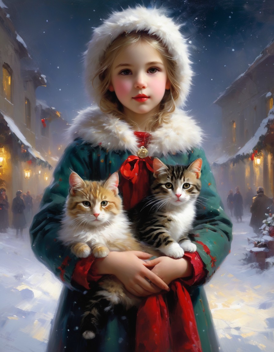 Young girl in festive dress with kittens in snowy setting