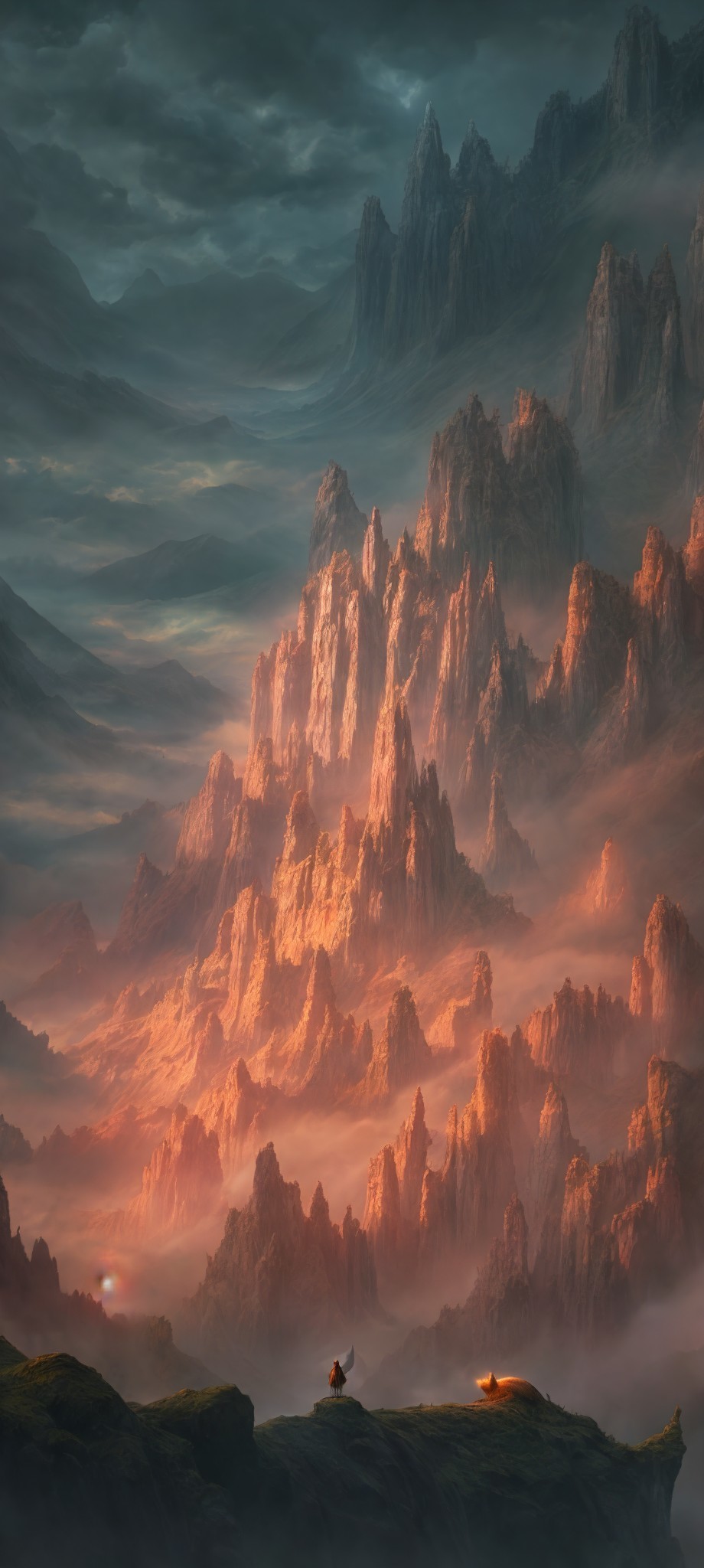 Solitary figure gazes at mountain sunset scene