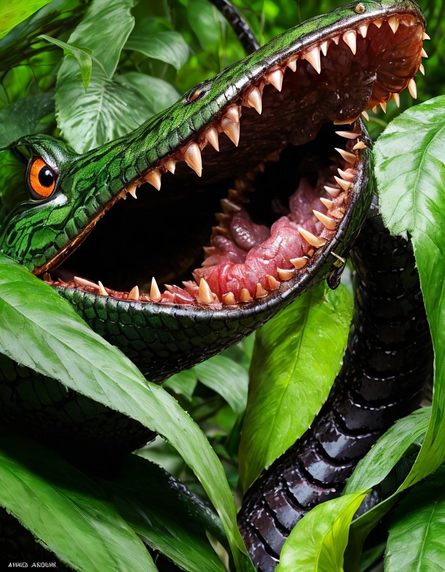 Detailed Illustration of a Green Snake Among Leaves