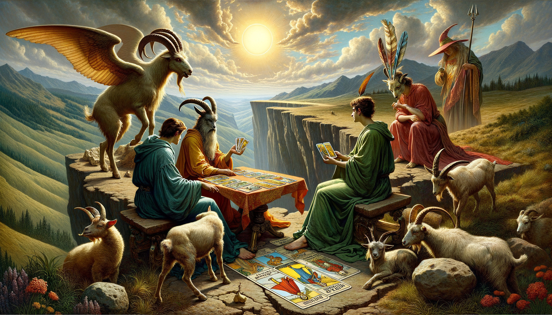 Mystical Figures Playing Tarot on Mountain Cliff at Sunset