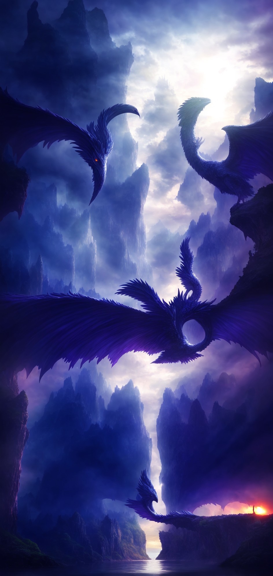 Fantastical dusk landscape with flying dragons and towering rock formations