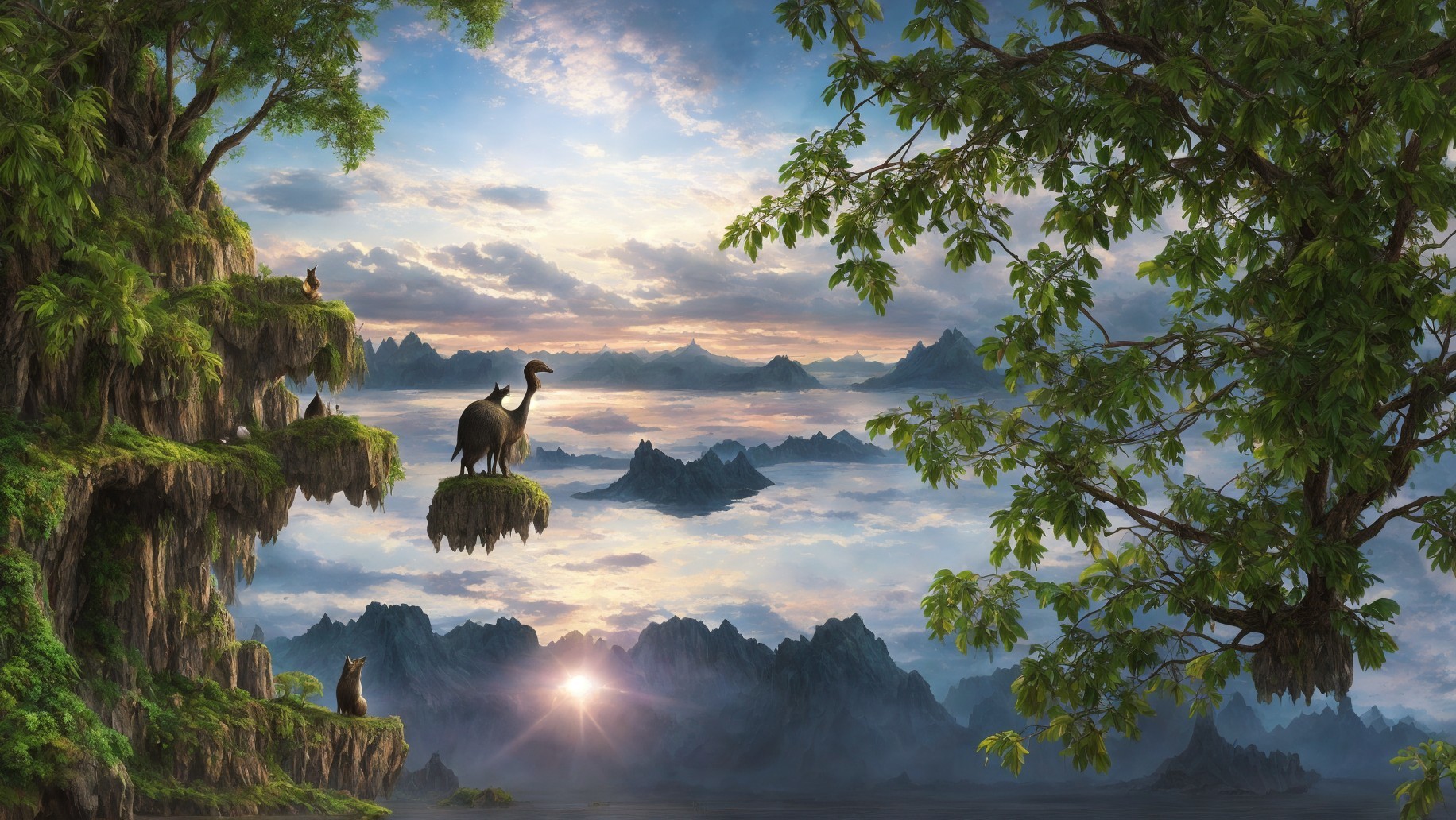 Fantastical landscape with floating islands, lush greenery, grazing animal, mountains, sunrise, low