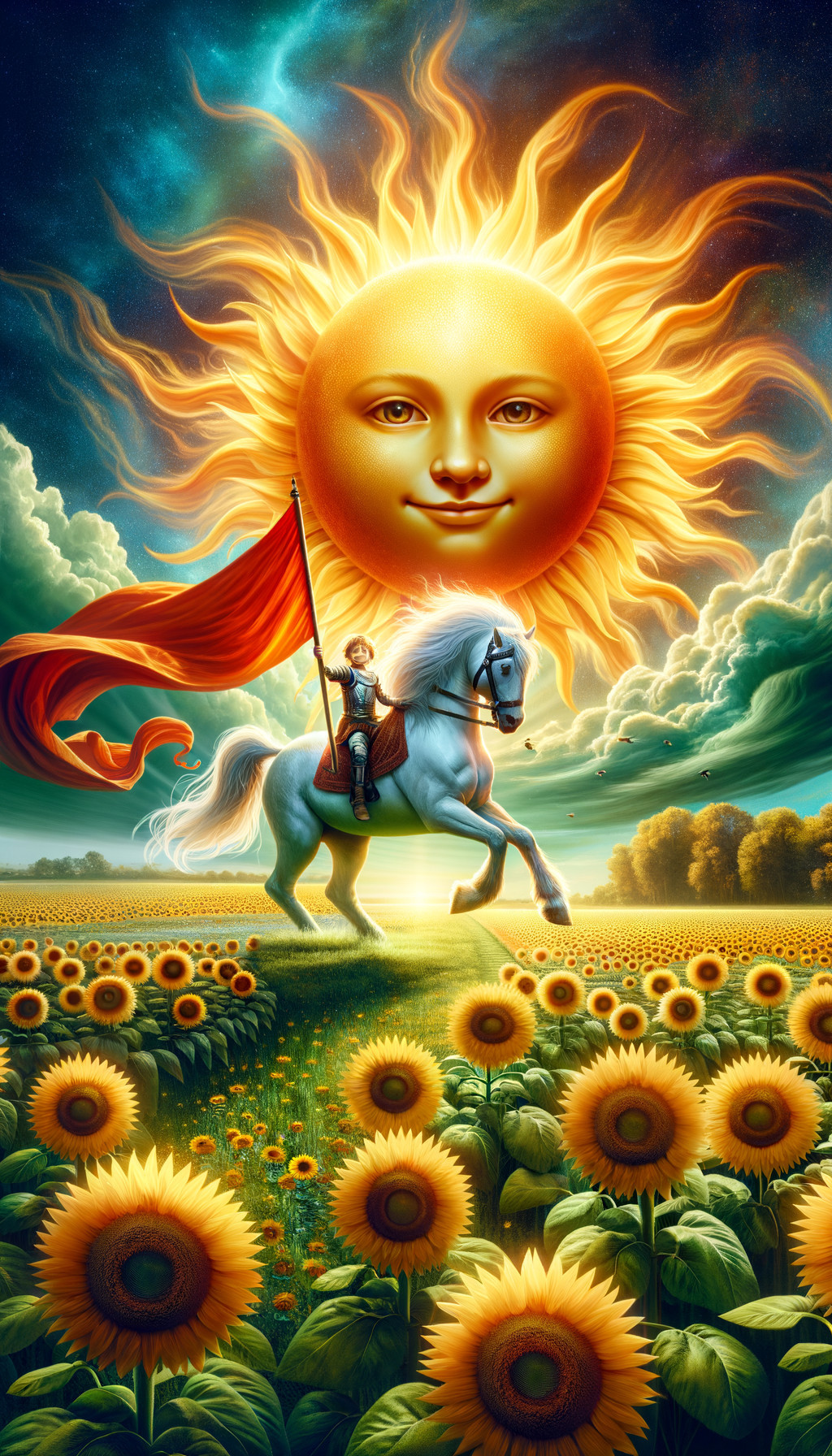 Knight on horseback with red flag in sunflower field under vibrant sky