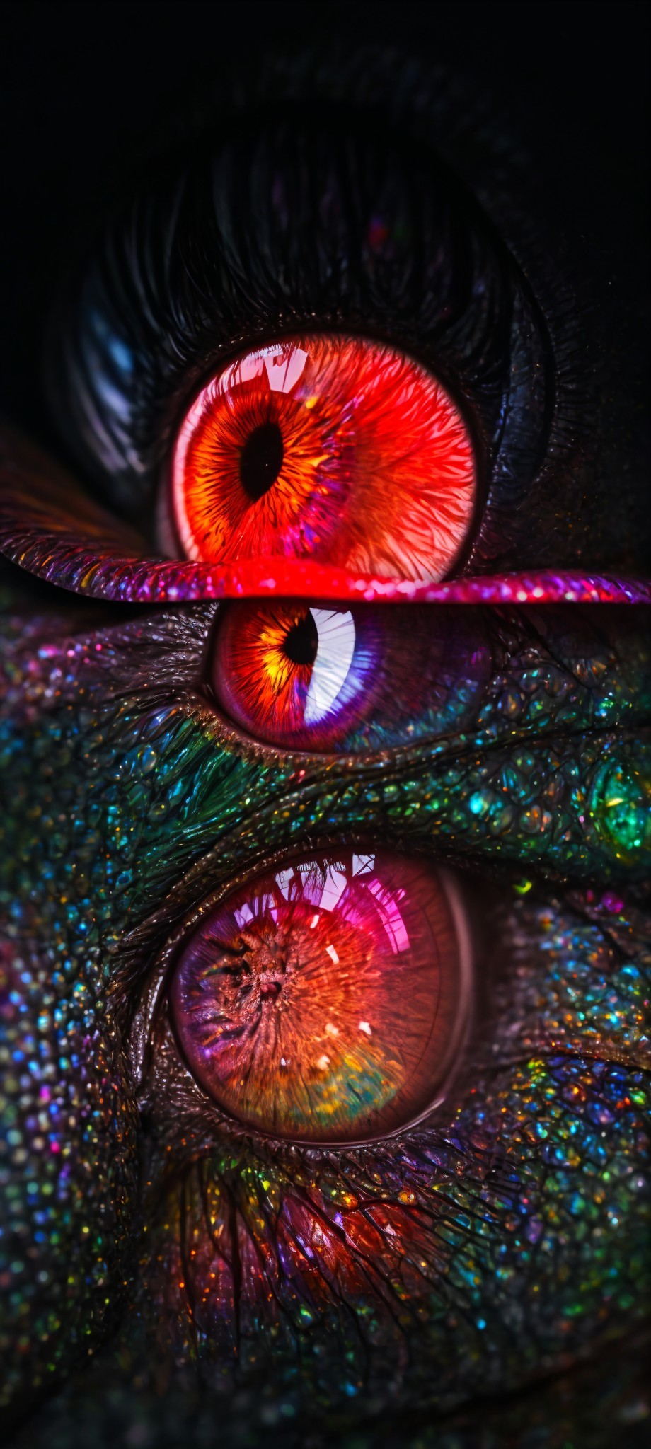 Close-up of vibrant multicolored eyes with detailed eyelashes on dark background