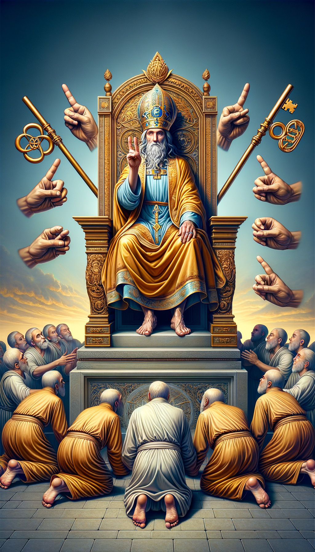 Regal Figure on Throne Surrounded by Worshipful Figures