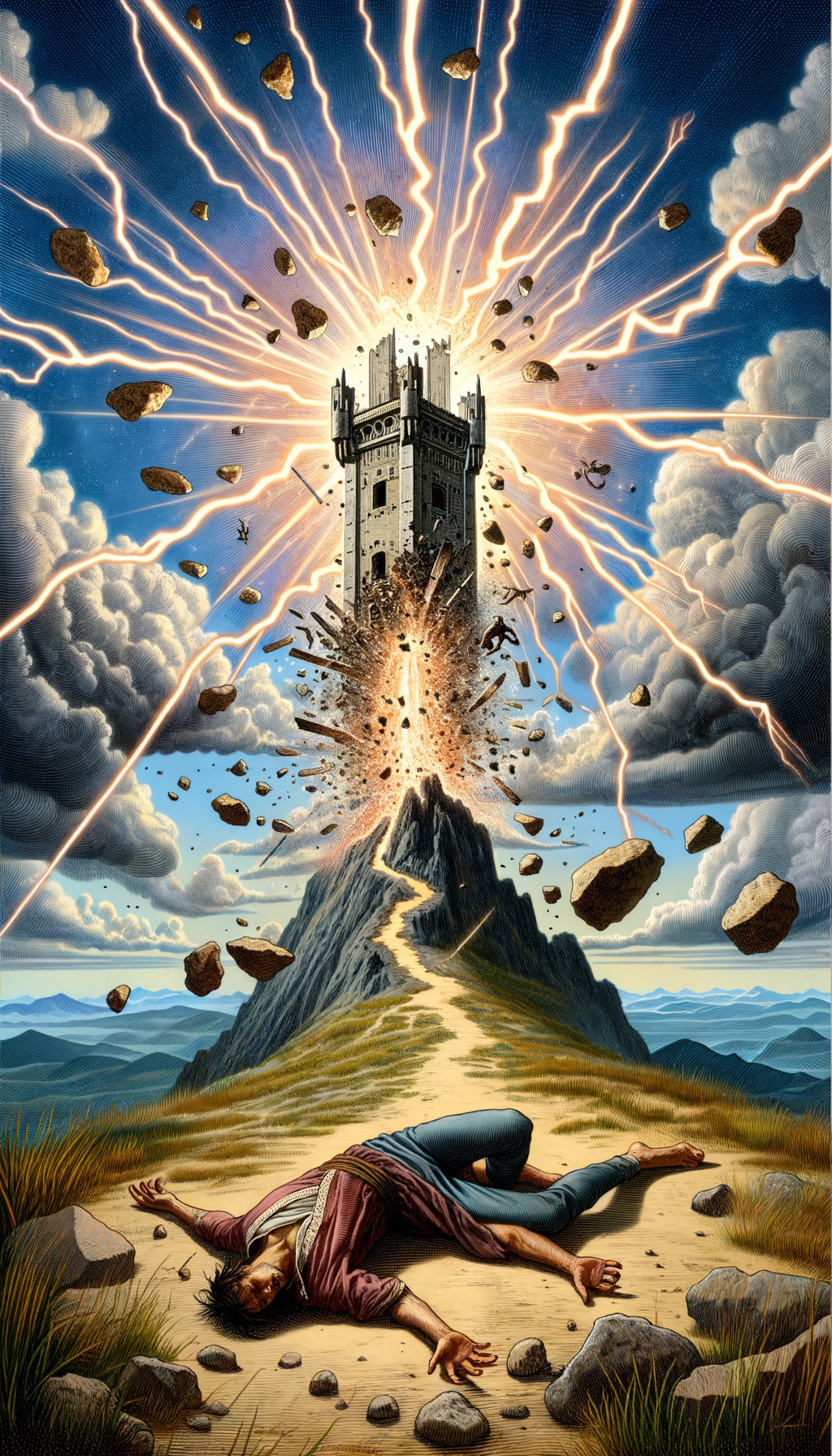Person on ground before castle struck by lightning