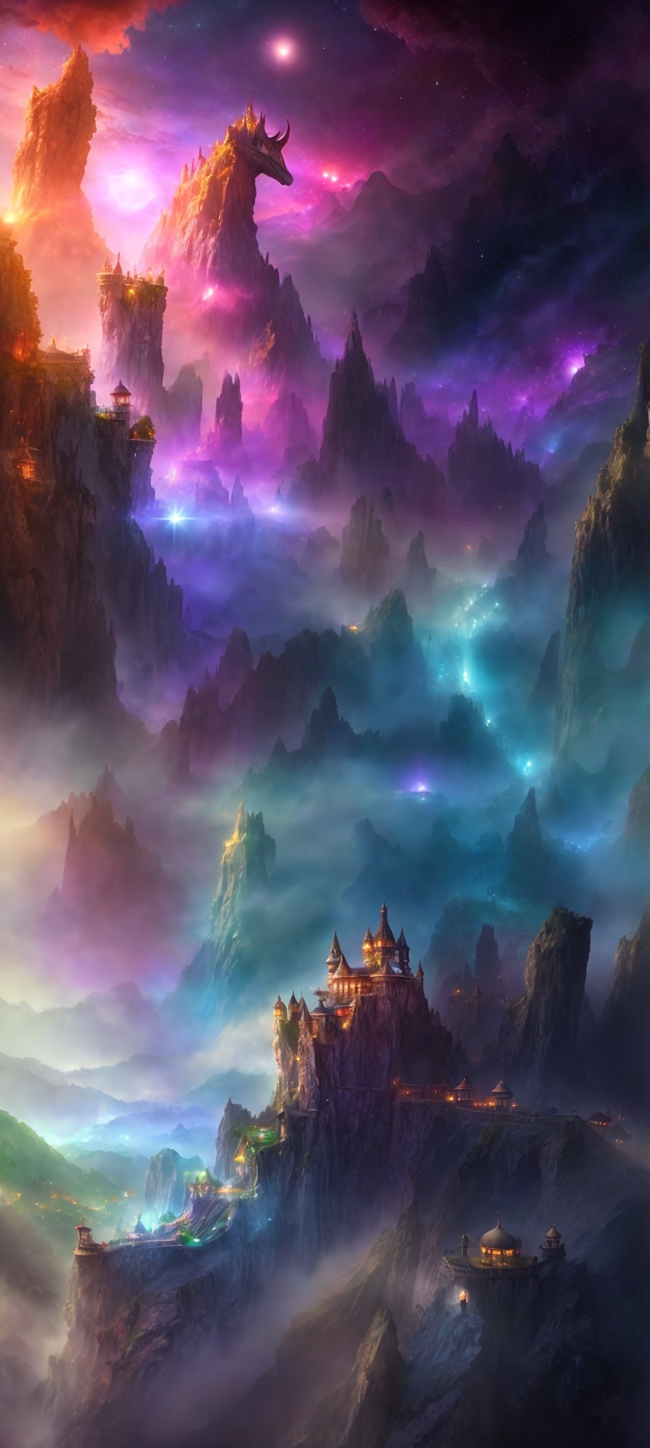 Mystical landscape with floating mountains and ancient castle