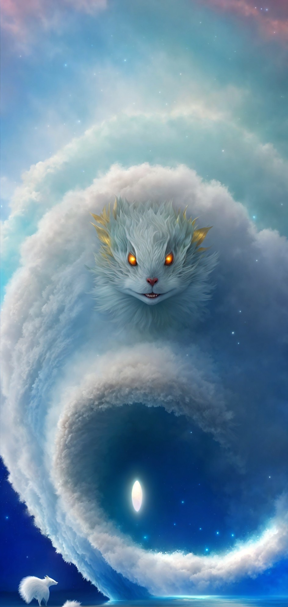 Fluffy white cat with golden eyes in cosmic whirlpool with flame tail