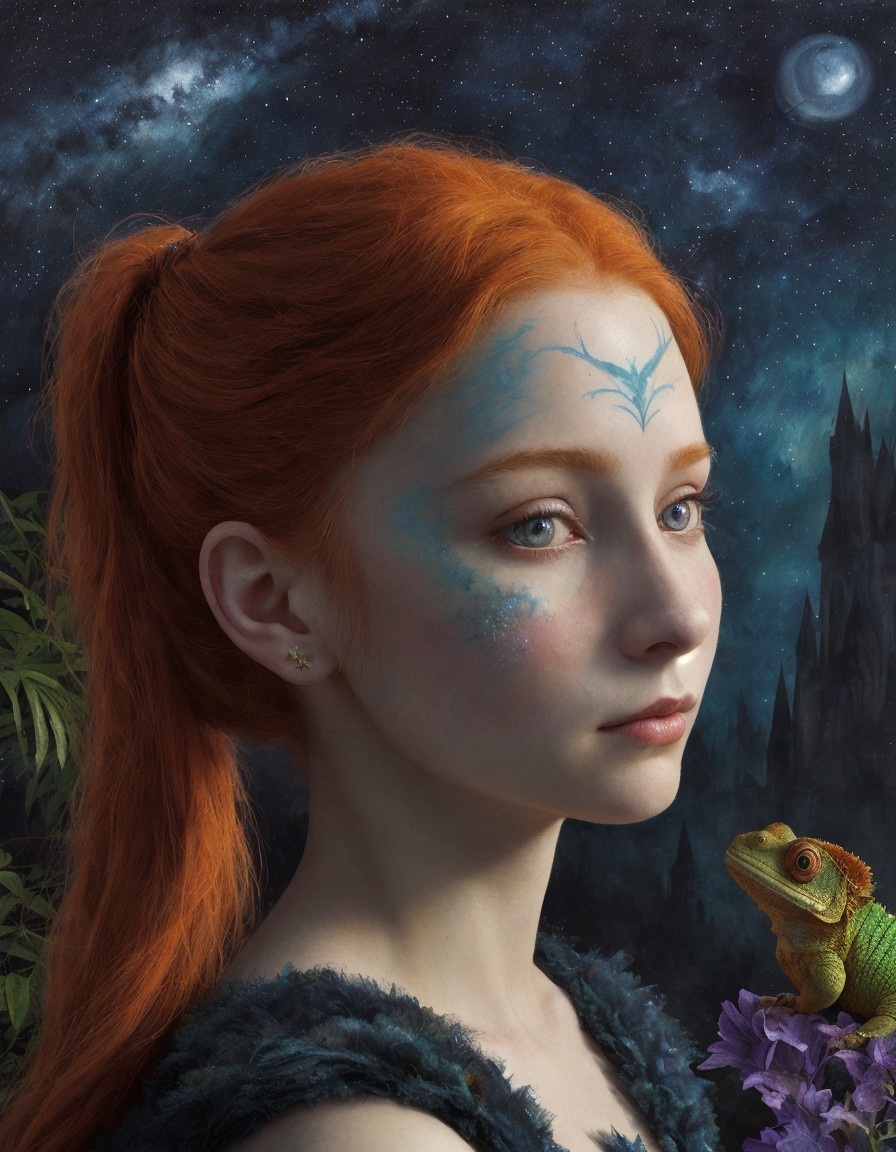 Red-haired woman with blue facial markings and chameleon in cosmic setting.