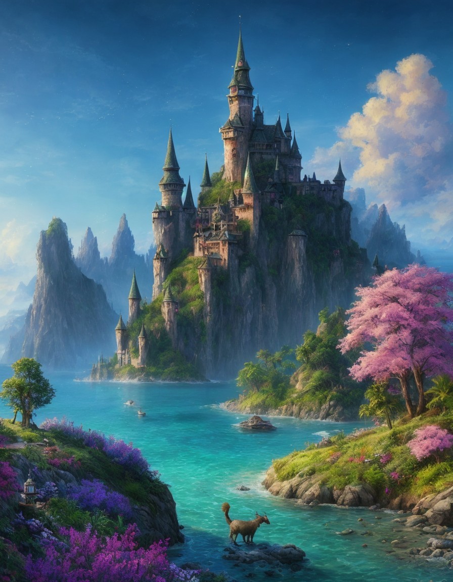 Fantastical castle on cliff with turquoise river, pink blossom trees, and deer.