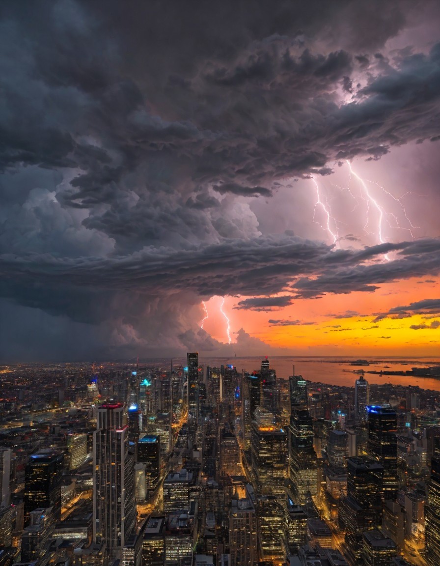 Dramatic City Skyline Under Lightning and Sunset