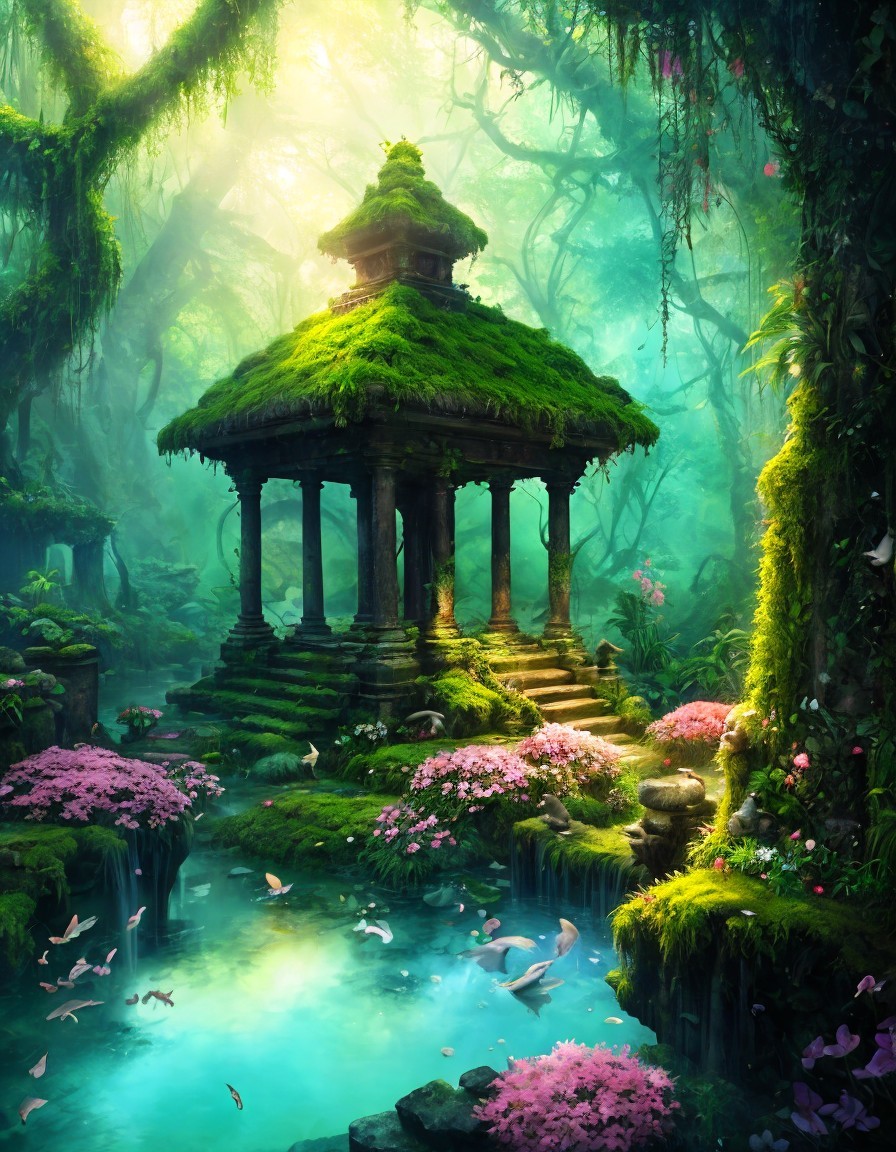 Ancient moss-covered pavilion in lush mystical forest with pink flowers, serene pond, and ethereal