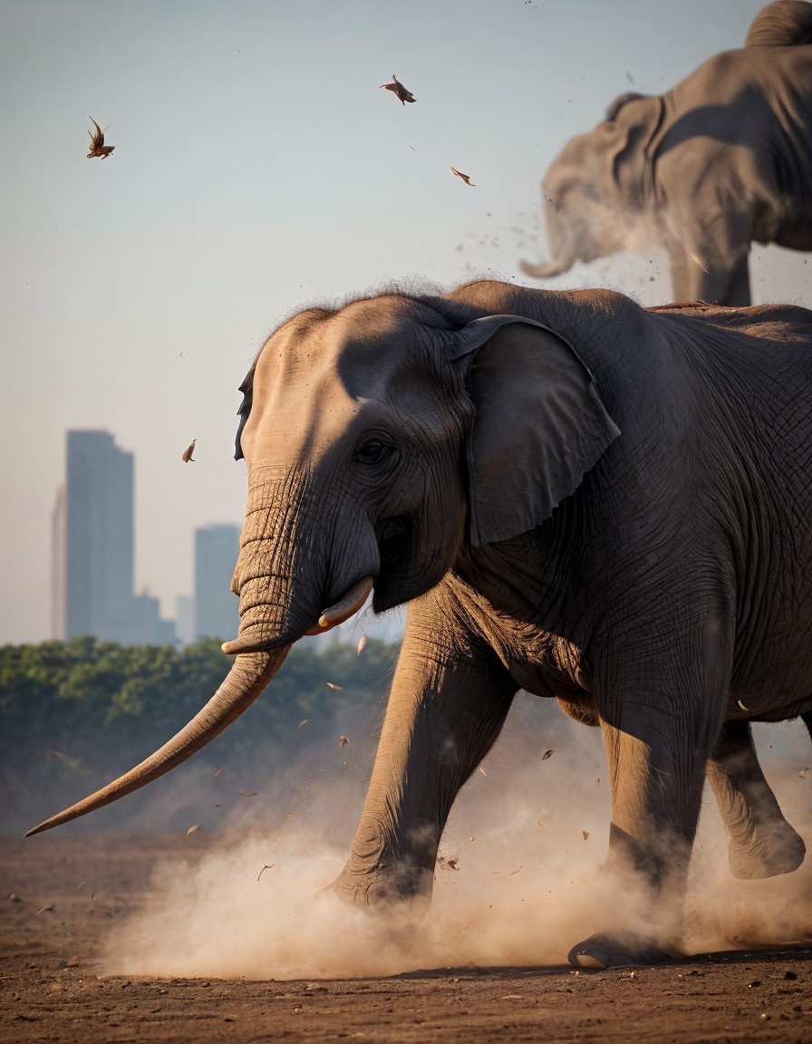 Elephant with Tusks in Dusty Landscape and Skyline