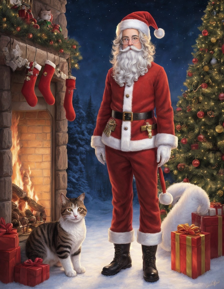 Illustrated Santa Claus by Fireplace with Christmas Tree, Presents, and Cat