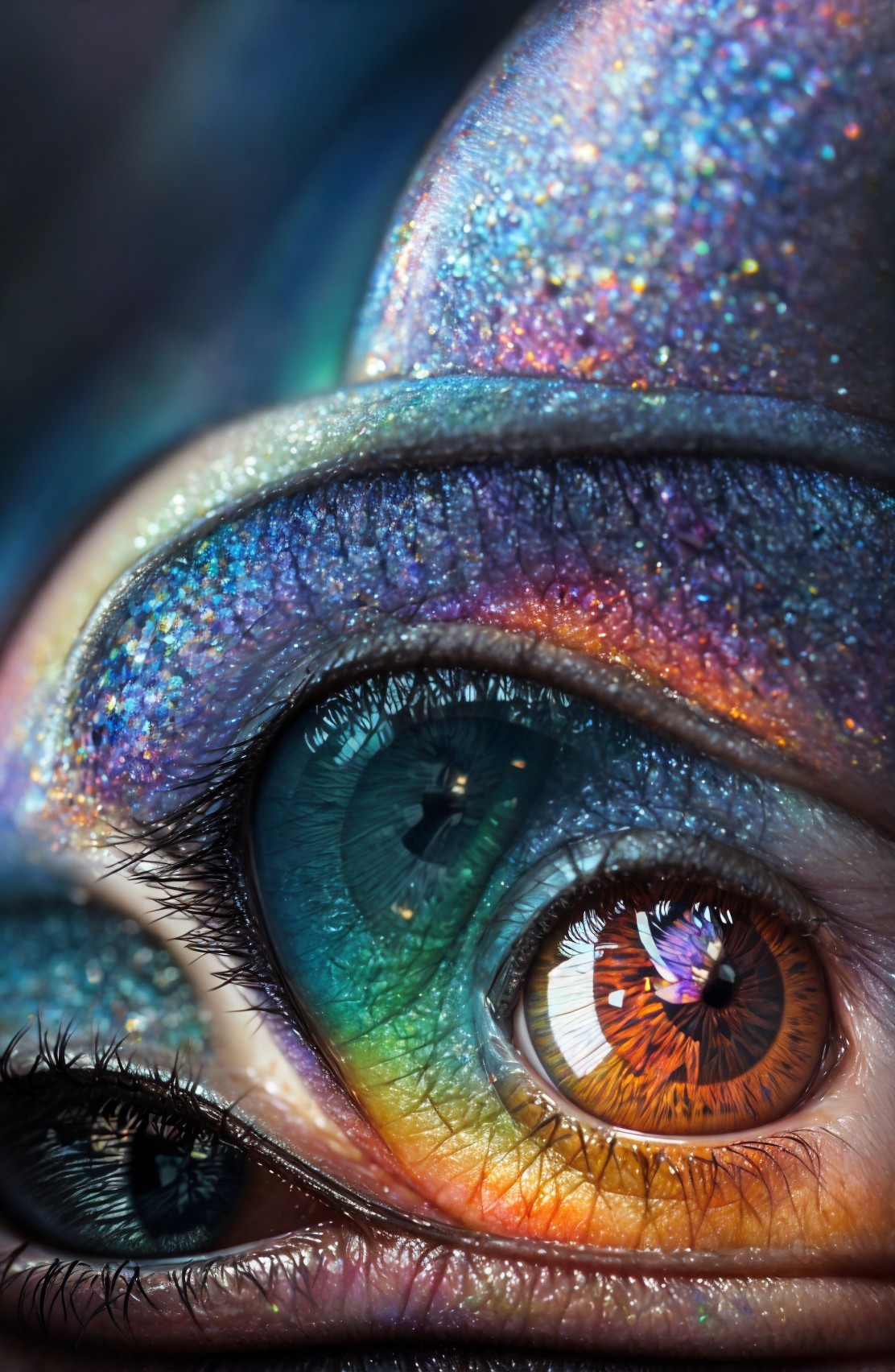 Detailed Close-up of Human Eye with Iridescent Makeup in Blue and Purple