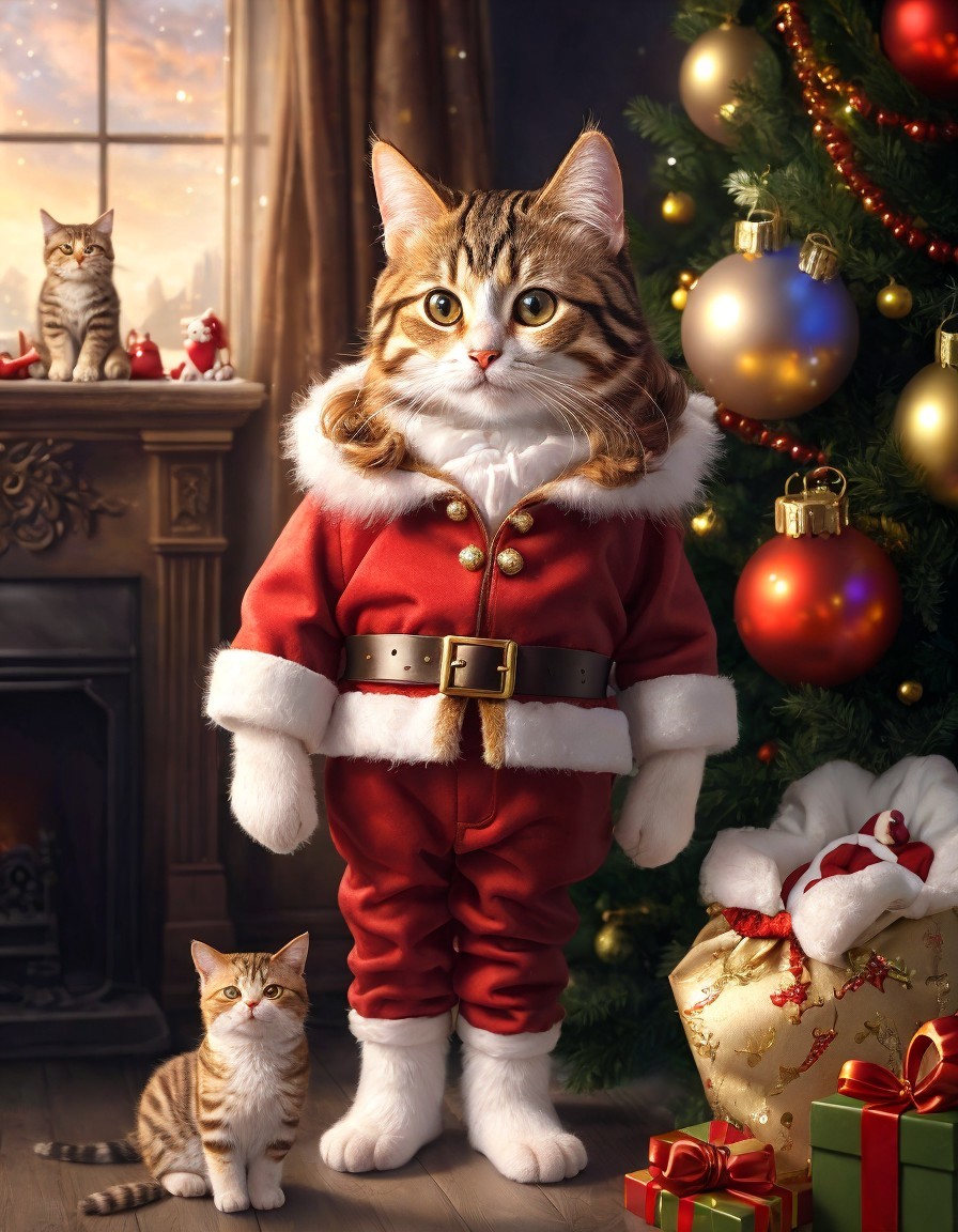 Anthropomorphic cat in Santa costume with Christmas tree and fireplace gifts