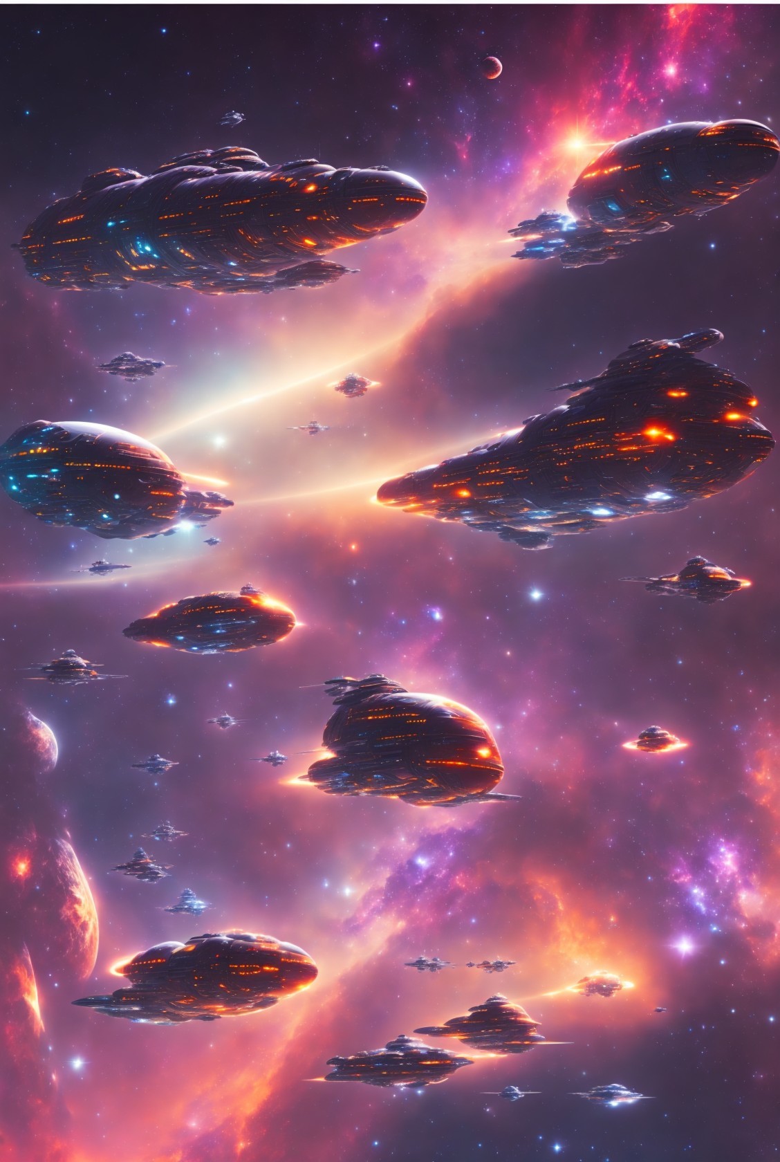 Futuristic spaceships in vibrant nebula under crescent moon