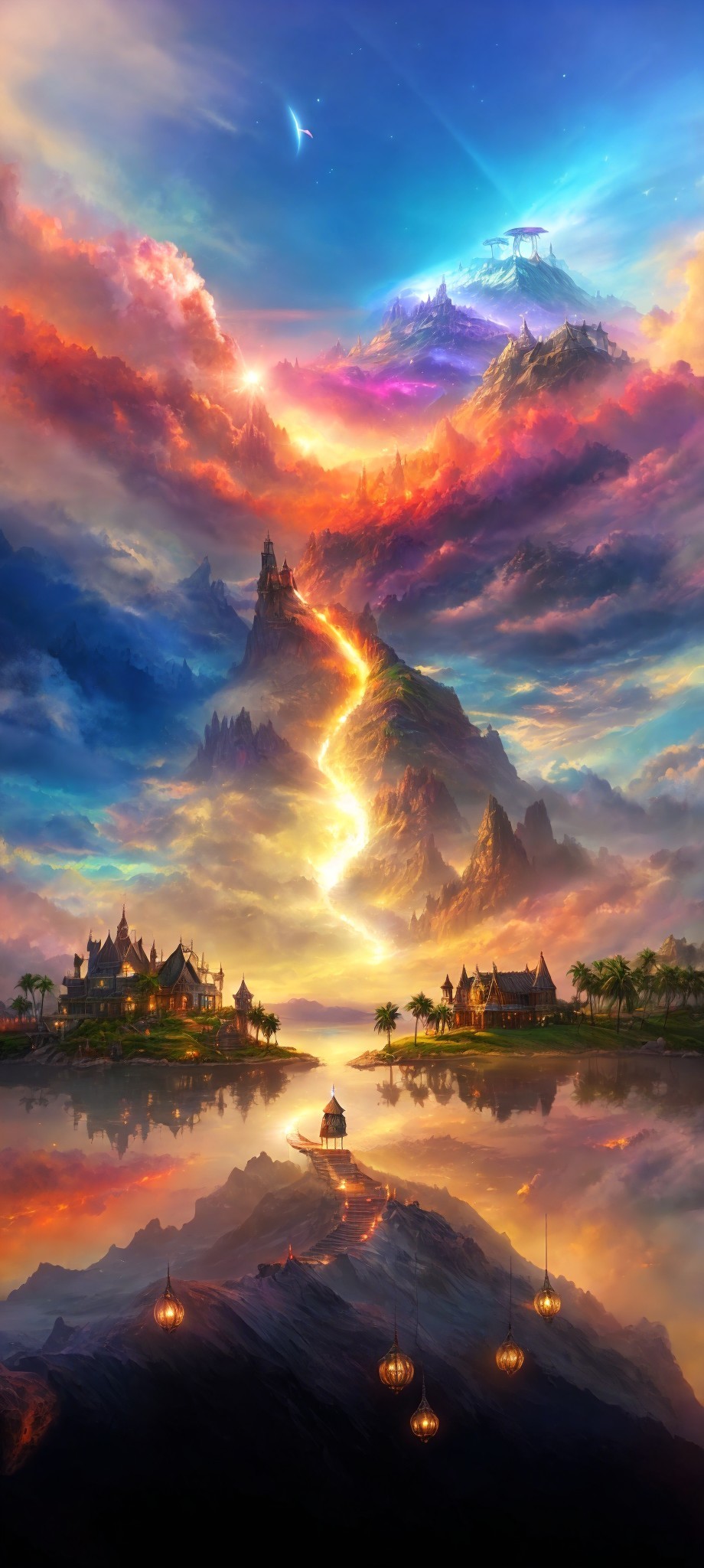 Vibrant sunset skies over fantastical landscape with floating lanterns and castle.