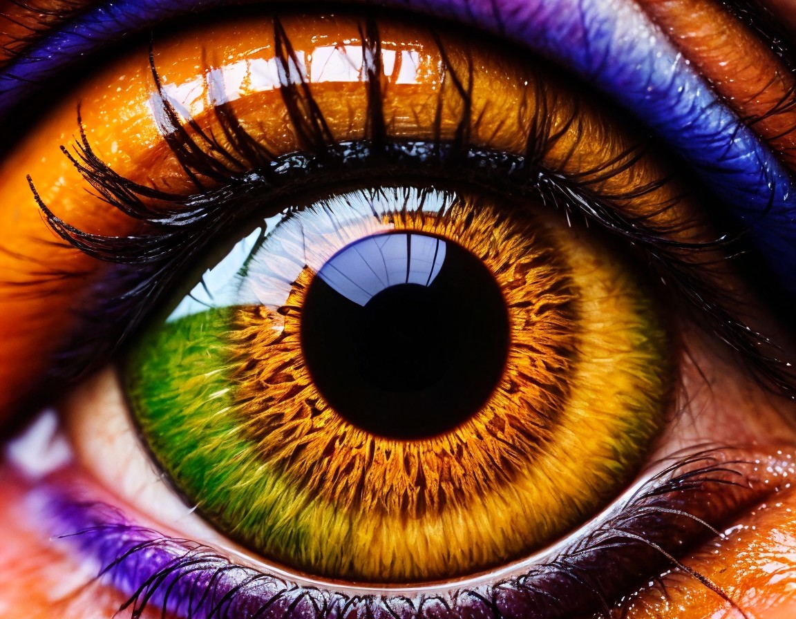 Detailed close-up of vibrant multicolored iris and highlighted eyelashes.