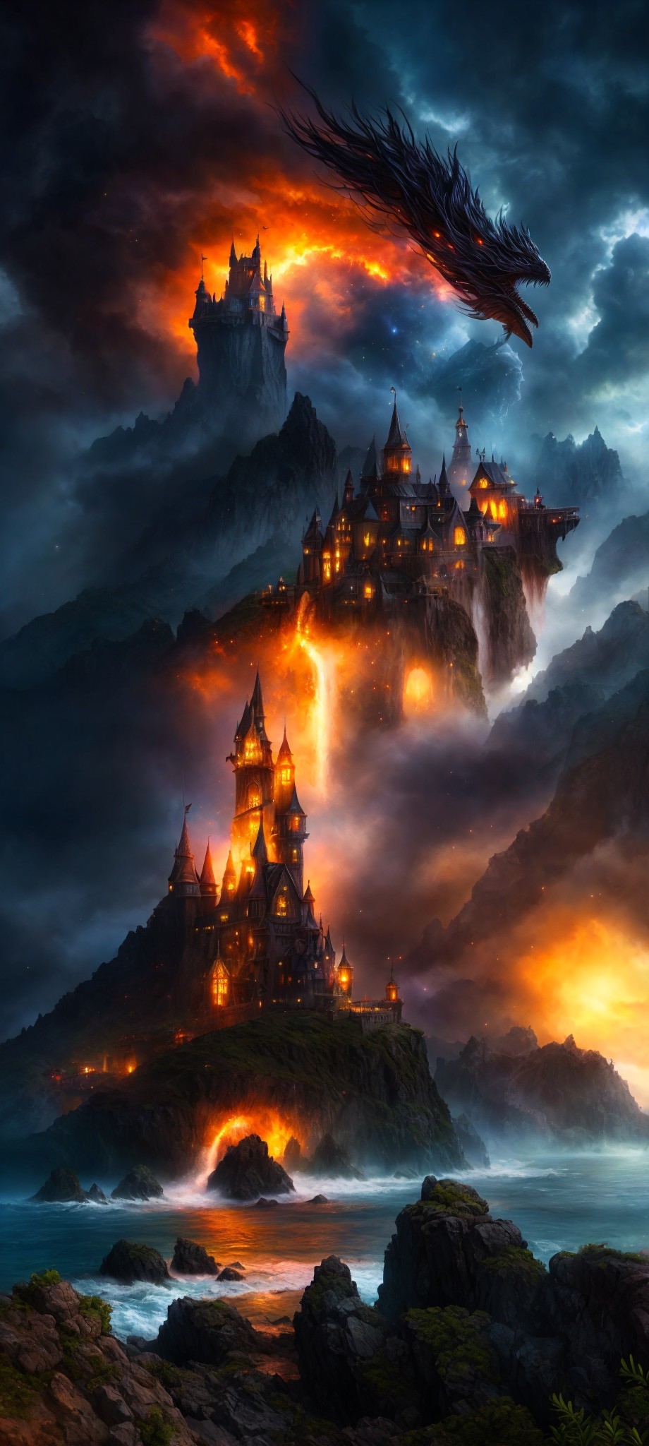 Fantasy castle on rugged cliffs with dragon in fiery sky