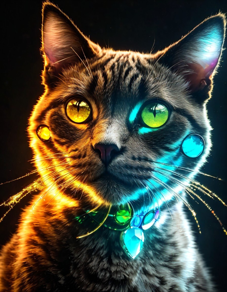 Colorful Cat Portrait with Green and Yellow Eyes and Neon Blue Collar