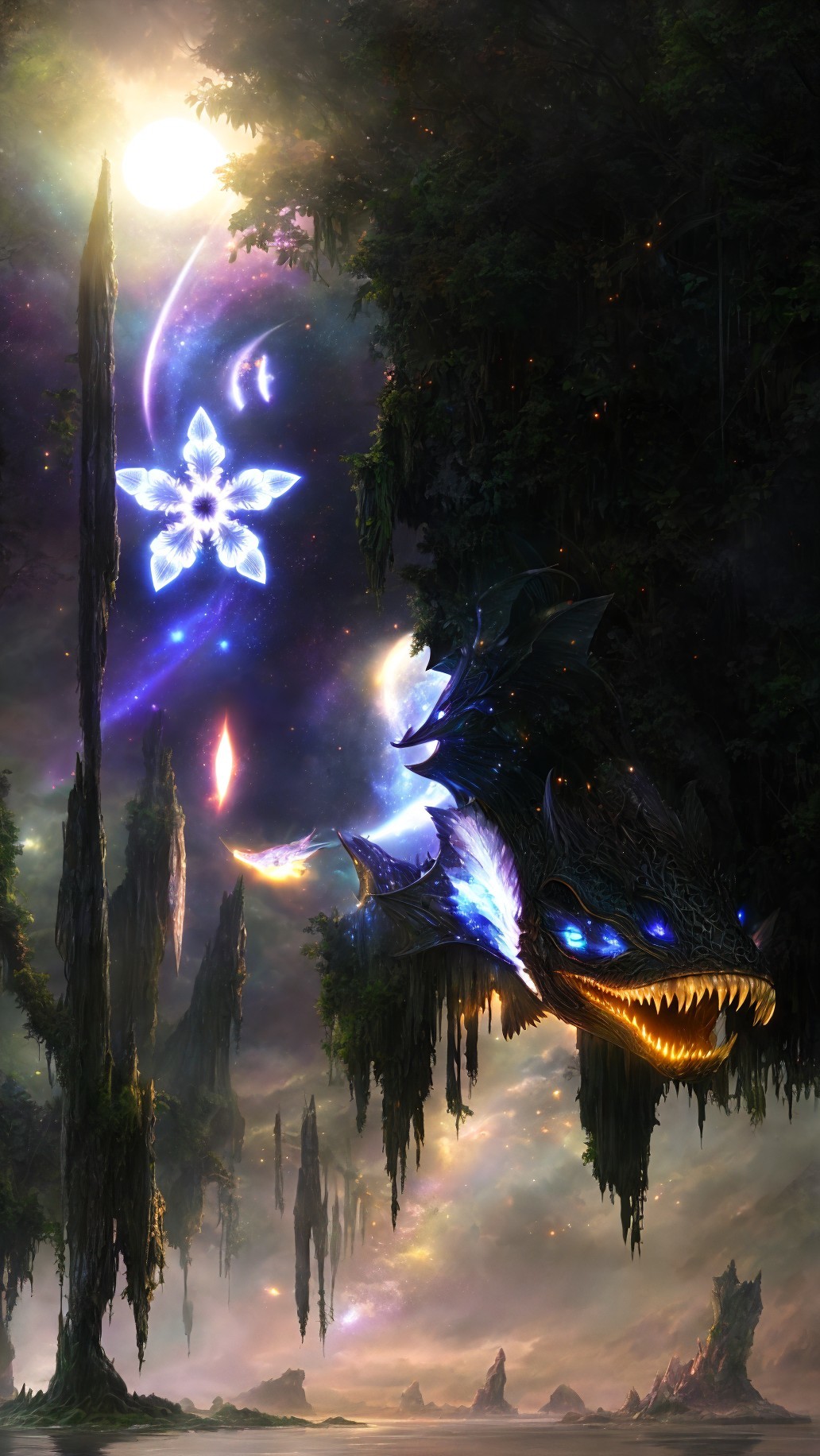 Dragon emerging from lush forest beneath bright stellar display & flower-shaped nebula