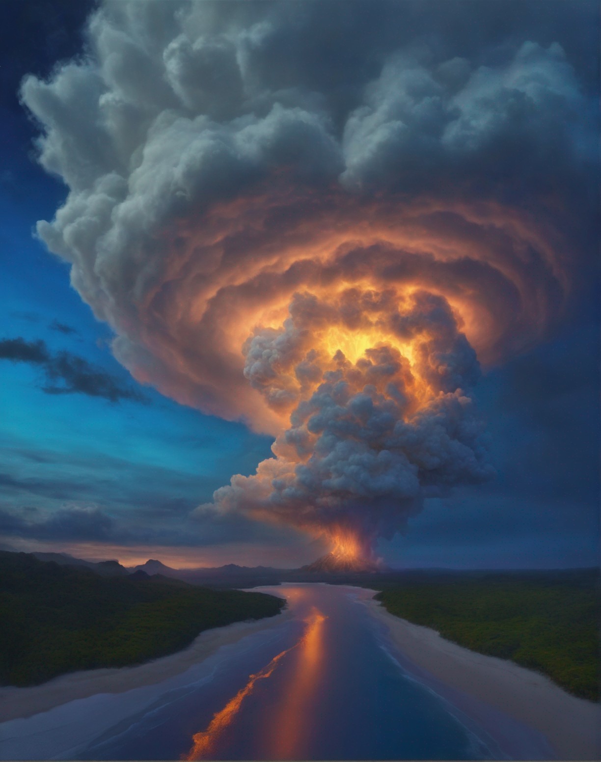 Massive volcanic eruption with fiery lava and ash plume in dusky sky