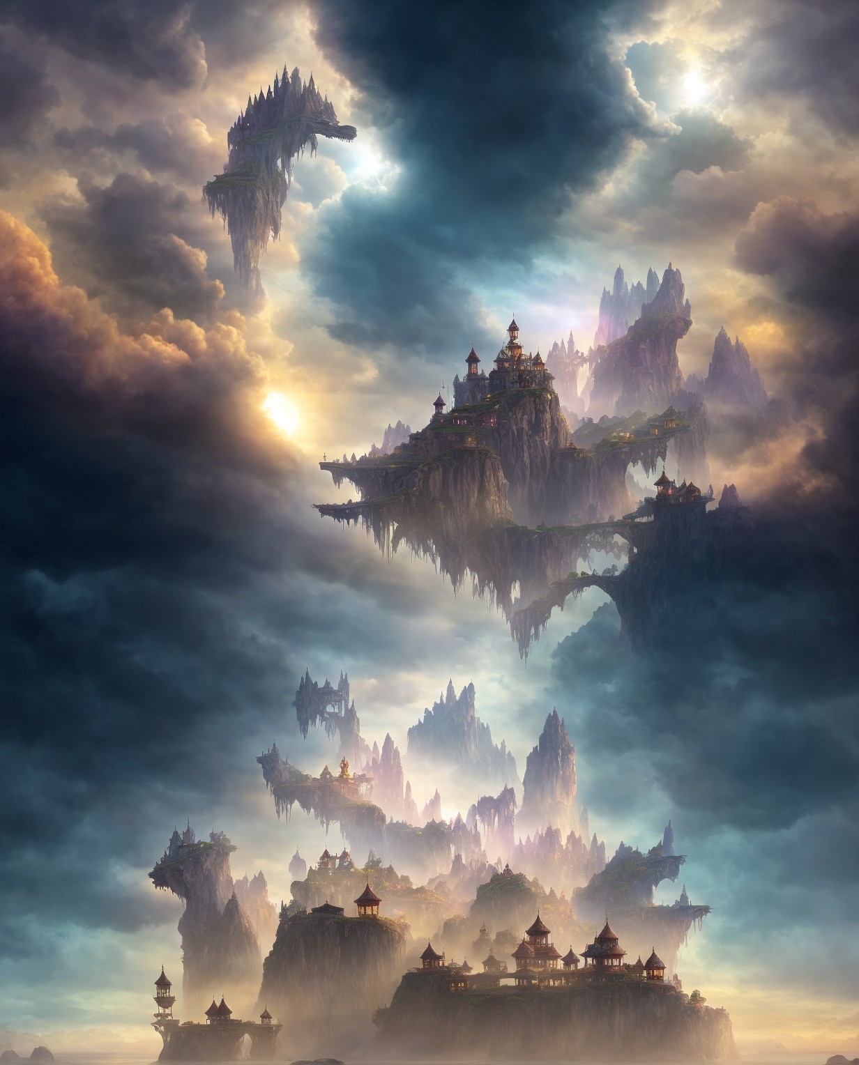 Ancient Asian-style architecture on floating islands at sunrise or sunset