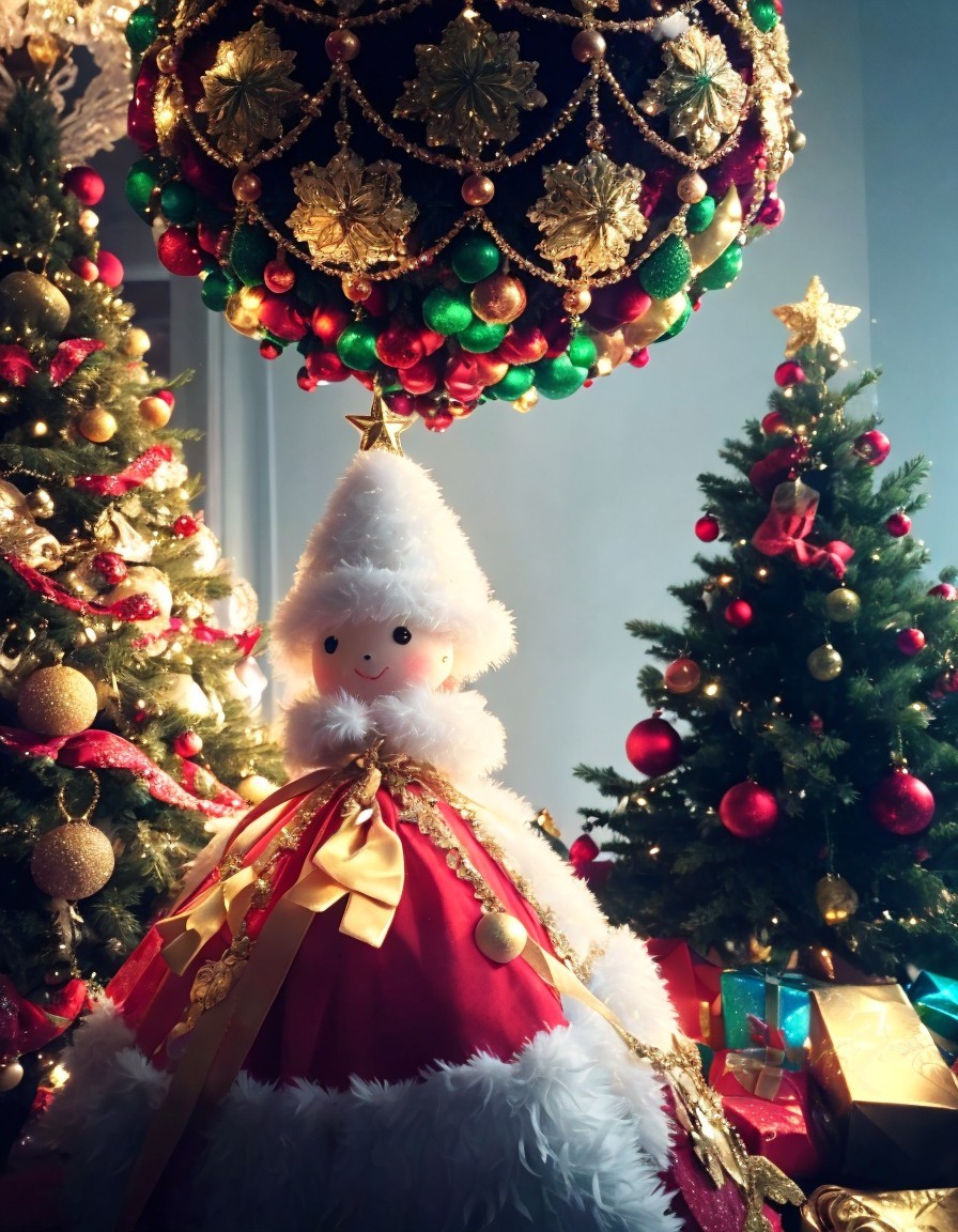 Plush Santa ornament in front of lavishly decorated Christmas tree