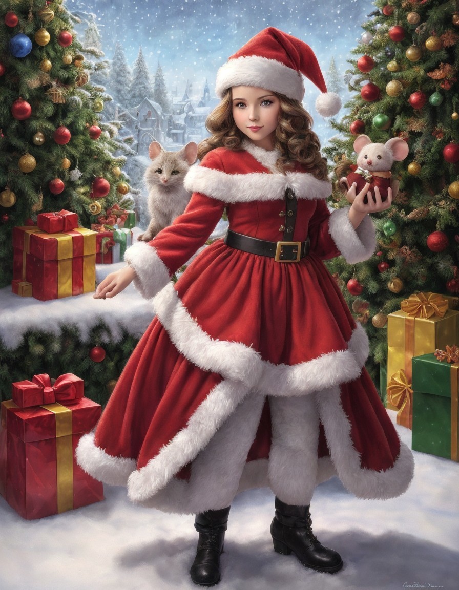 Girl in Santa Claus Costume with Stuffed Bear and Squirrel in Snowy Winter Scene