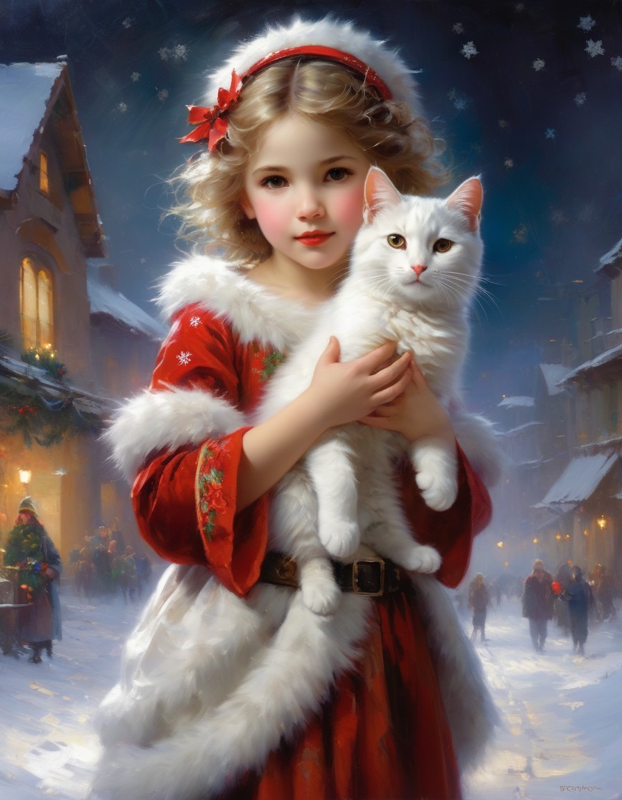 Young woman in festive attire with fur-trimmed cloak holding white cat in snowy vintage street.