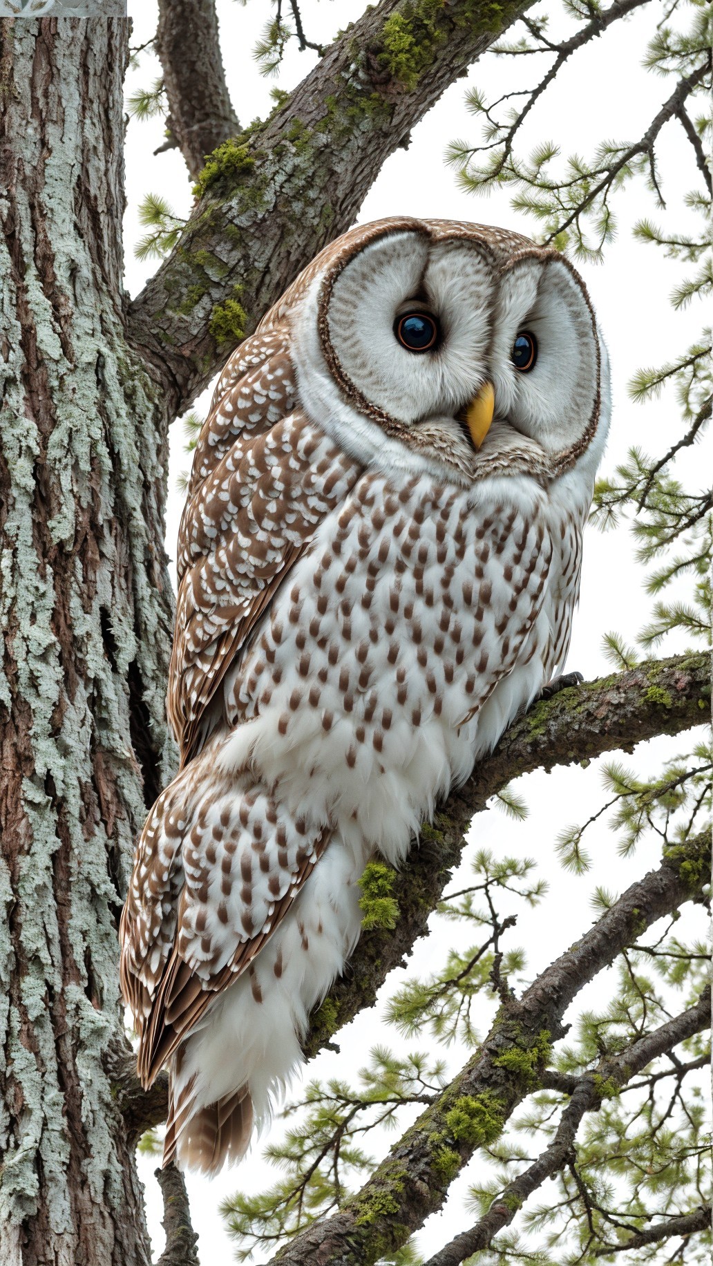 Close-up of a barred owl on a pine tree with blue eyes