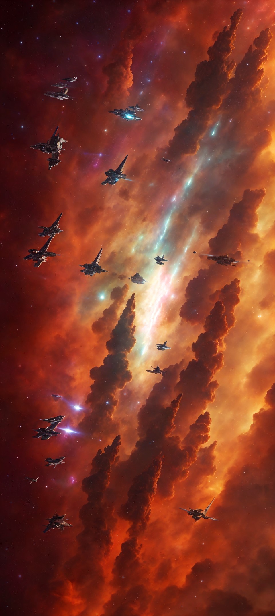 Spaceships navigate vibrant cosmic nebula with fiery orange hues.