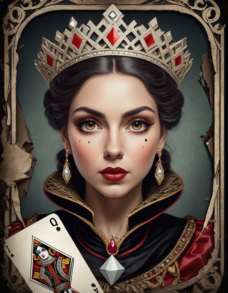Digital Artwork: Woman with Queen's Crown in Vintage Card Aesthetic