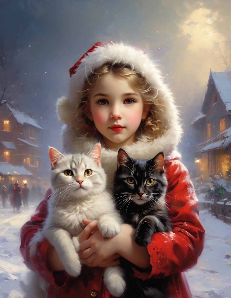Young girl in Santa hat with two cats in snowy village.