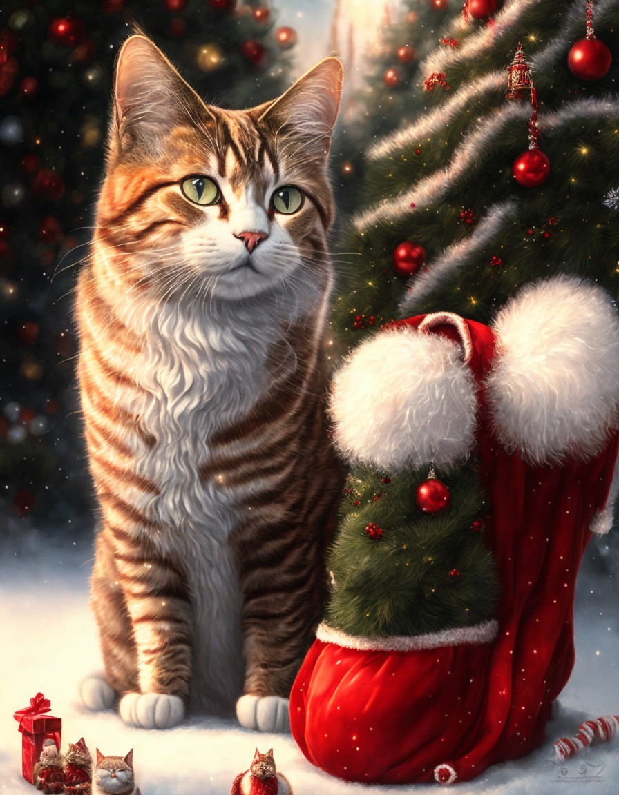 Tabby Cat with Christmas Stocking and Tree in Winter Scene