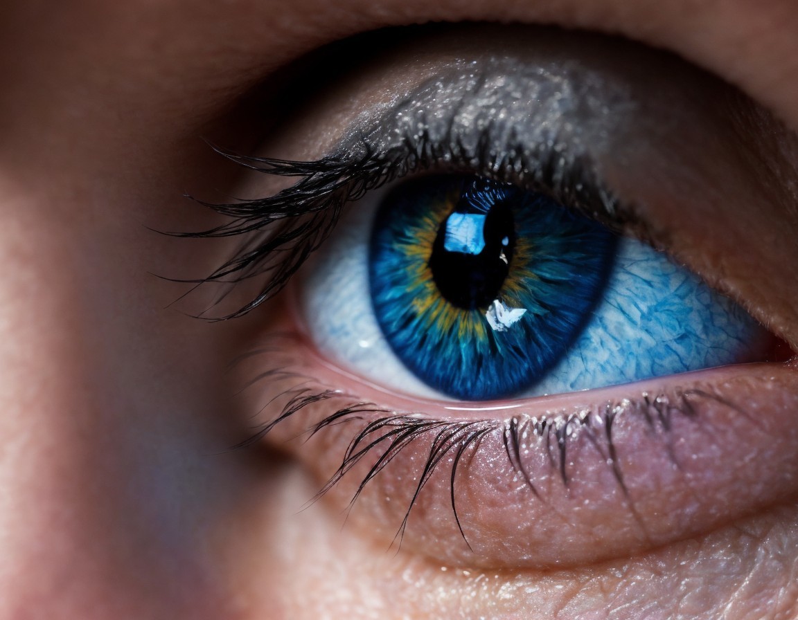 Detailed Blue Human Eye with Iris Patterns and Dark Eyelashes