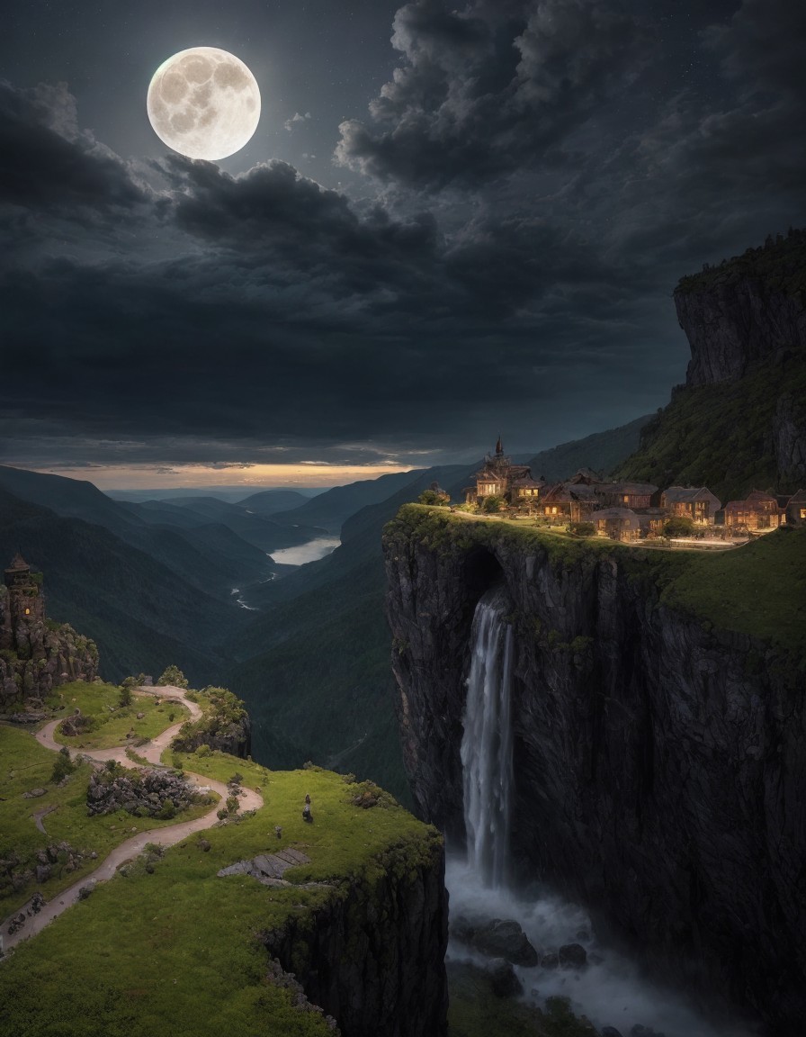 Full Moon Over Cliffside Village and Waterfall Scene