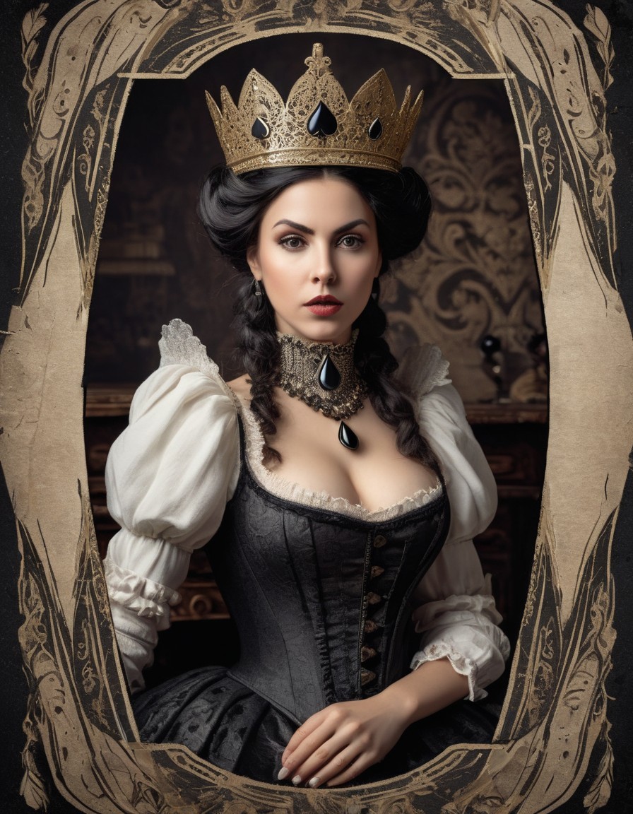 Regal woman in vintage dress with crown in ornate oval frame