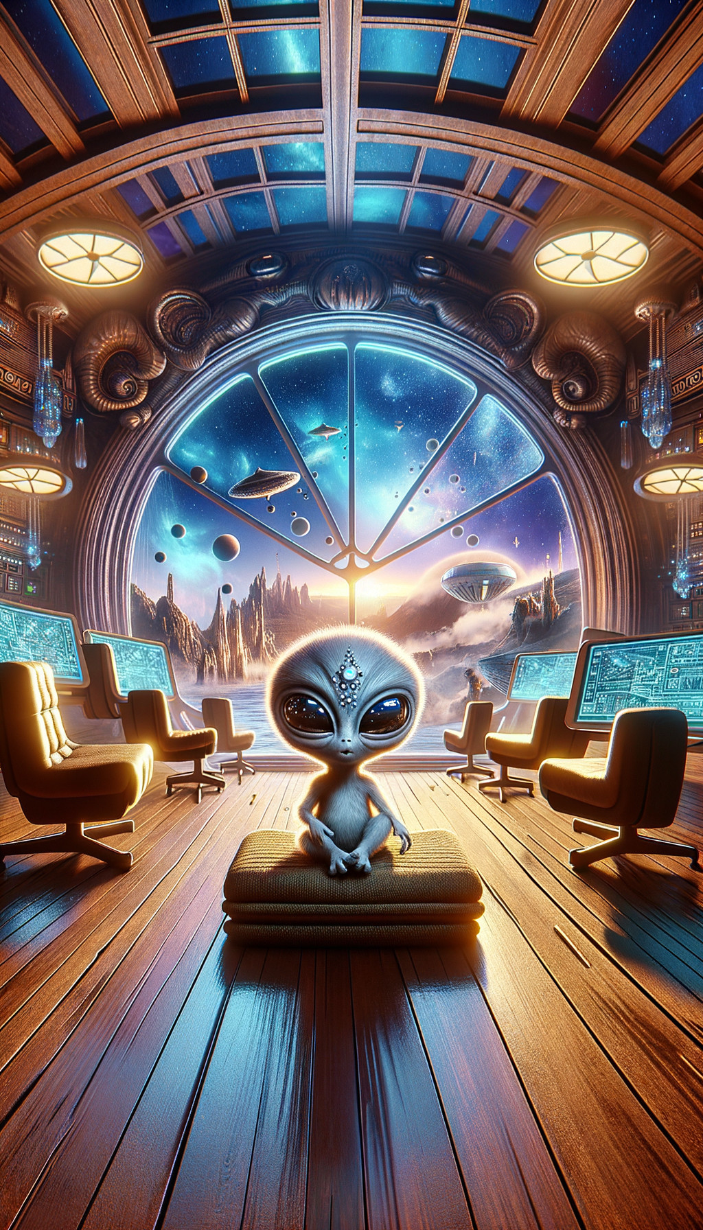 Alien in futuristic spaceship with large window overlooking outer space