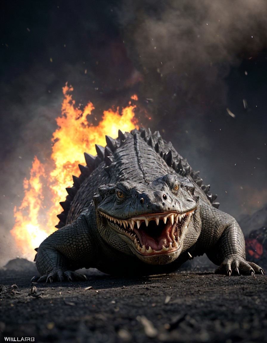 Crocodile with sharp teeth amidst fiery explosion scene