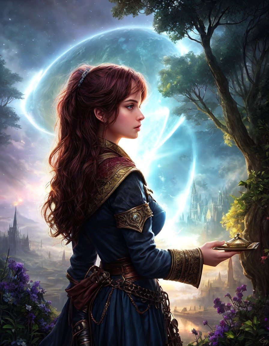 Fantasy illustration of young woman with compass in medieval attire